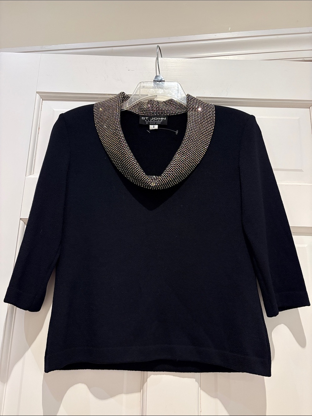 St. John Black Sweater with Beaded Cowl Collar